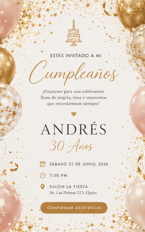 Invitación digital Confeti Dorado para Cumpleaños — Invyfy