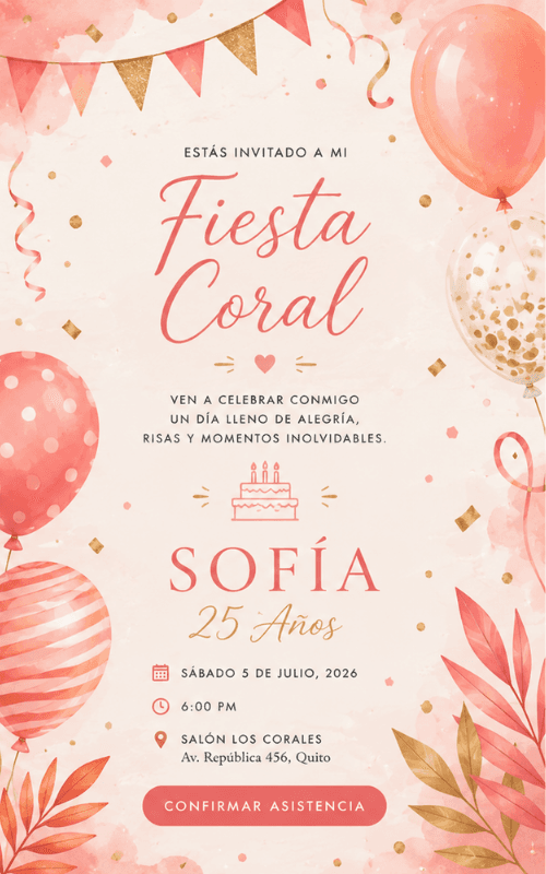 Invitación digital Fiesta Coral para Cumpleaños — Invyfy